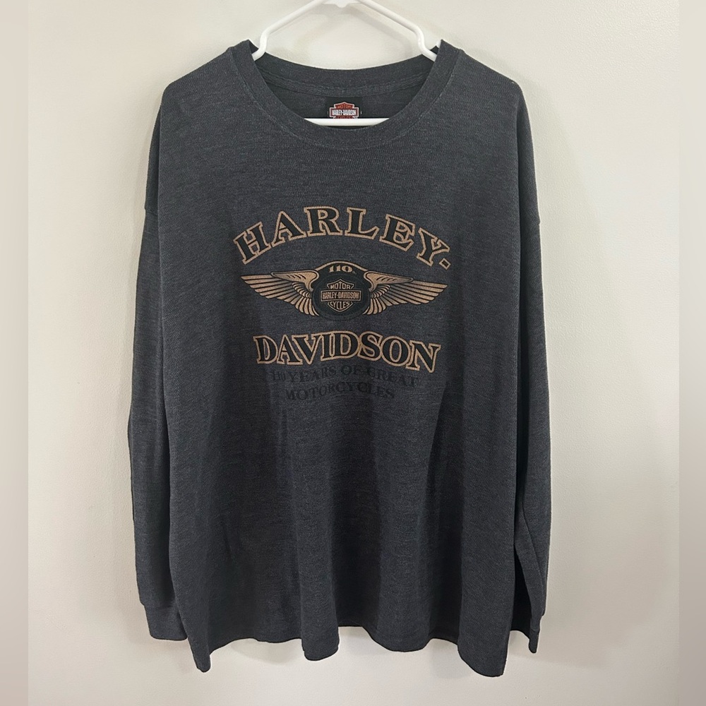 VTG Harley Davidson Waffle Knit Thermal Shirt Mens 3XL Gray 90s Logo Long Sleeve